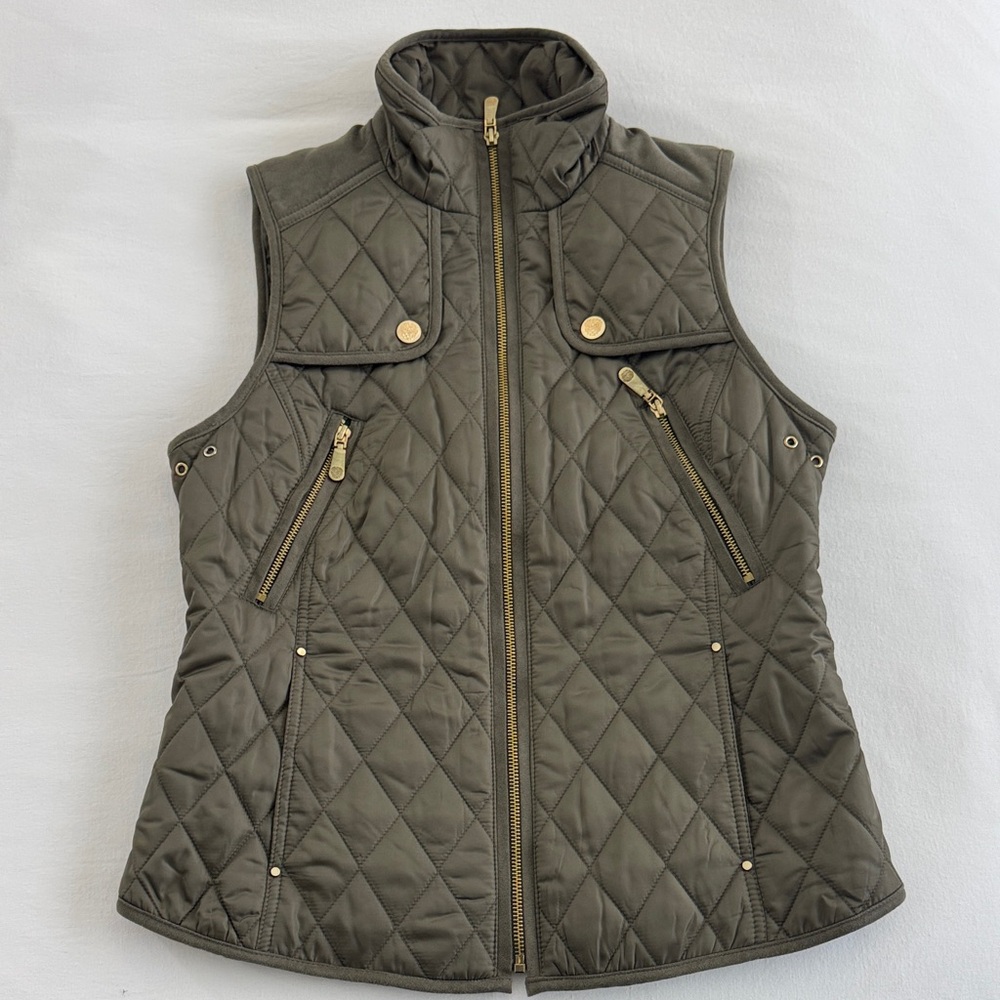 Vince Camuto Quilted Olive Green and Gold Details Women's Vest Size Small